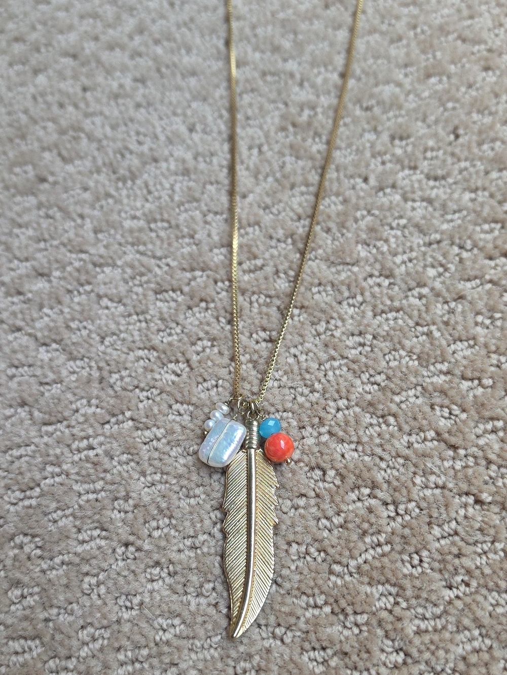 Gold Feather Pendant Necklace with Turquoise & Coral Accents